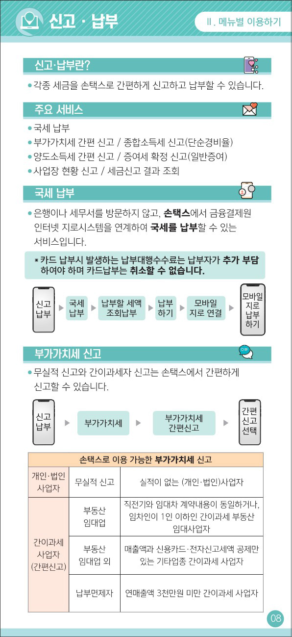 신고/납부 - 신고/납부란? : 각종 세금을 손택스로 간편하게 신고하고 납부할 수 있습니다.
				                    - 주요 서비스 : * 국세납부 * 부가가치세 간편 신고 / 종합소득세 신고(단순경비율) * 양도소득세 간편 신고 / 증여세 확정 신고(일반증여)
				                    * 사업장 현황 신고 / 세금신고 결과 조회
				                    - 국세납부 : 은행이나 세무서를 방문하지 않고, 손택스에서 금융결제원 인터넷 지로시스템을 연계하여 국세를 납부할 수 있는 서비스 입니다.
				                     * 카드 납부시 발생하는 납부대행수수료는 납부자가 추가 부담하여야 하며 카드납부는 취소할 수 없습니다.
				                     신고납부 > 국세납부 > 납부할 세액 조회납부 > 납부하기 > 모바일 지로 연결 > 모바일 지로 납부하기
				                     - 부가가치세 신고 : * 무실적 신고와 간이과세자 신고는 손택스에서 간편하게 신고할 수 있습니다.
				                     신고납부 > 부가가치세 > 부가가치세 간편신고 > 간편 신고 선택
				                     * 손택스로 이용 가능한 부가가치세 신고 : 개인/법인 사업자 : 무실적 신고(실적이 없는 개인/법인 사업자)
				                     간이과세사업자(간편신고) : 부동산임대업(직전기와 임대차 계약내용이 동일하거나, 임차인이 1인 이하인 간이과세 부동산 임대사업자),
				                     부동산 임대업 외(매출액과 신용카드/전자신고세액 공제만 있는 기타업종 간이과세 사업자),
				                     납부면제자(연매출액 3천만원 미만 간이과세 사업자)