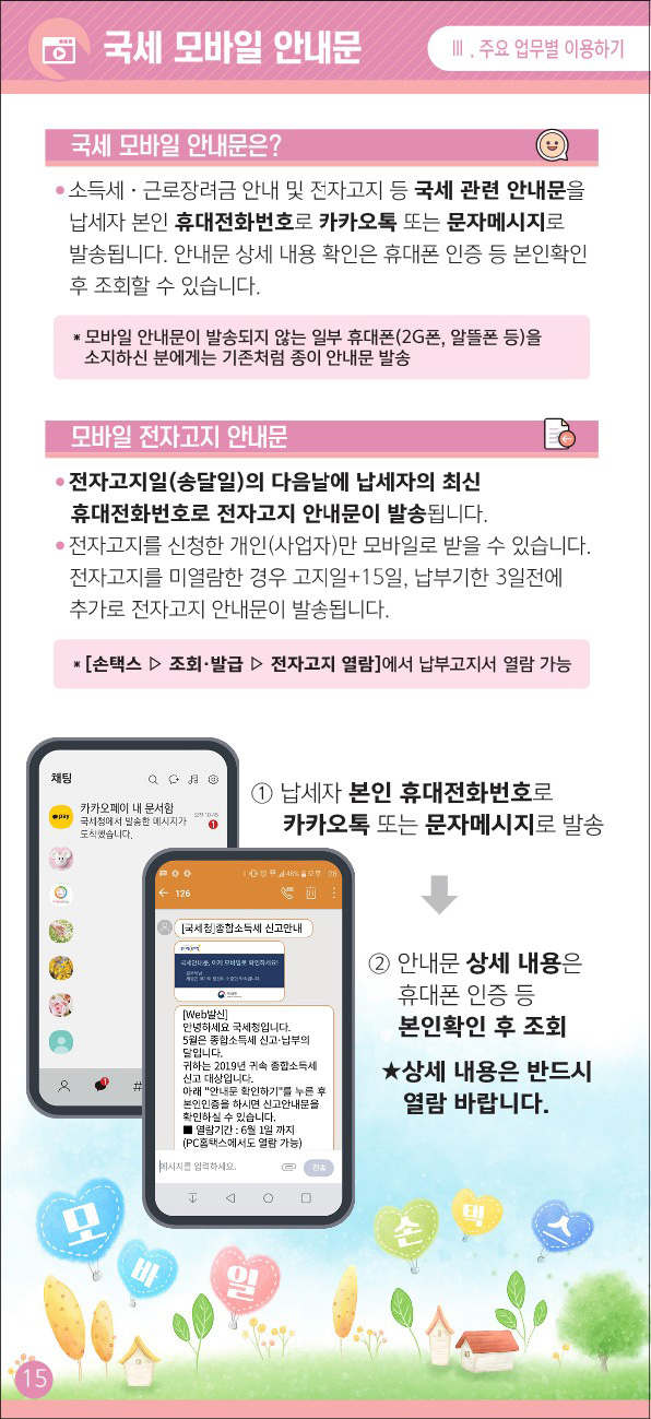 국세 모바일 안내문. 국세모바일 안내문은? 소득세 근로장려금 안내 및 전자고지 등 국세 관련 안내문을 납세자 본인 휴대전화번호로 카카오톡 또는 문자메시지로 발송됩니다. 안내문 상세 내용 확인은 휴대폰 인증 등 본인확인 후 조회할 수 있습니다.
				                    - 모바일 안내문이 발송되지 않는 일부 휴대폰(2G폰, 알뜰폰 등)을 소지하신 분에게는 기존처럼 종이 안내문 발송
				                    모바일 전자고지 안내문. 전자고지일(송달일)의 다음날에 납세자의 최신 휴대전화번호로 전자고지 안내문이 발송됩니다. 전자고지를 신청한 개인(사업자)만 모바일로 받을 수 있습니다. 전자고지를 미열람한 경우 고지일 +15일, 납부기한 3일전에 추가로 전자고지 안내문이 발송됩니다.
				                    - 손택스 > 조회발급 > 전자고지 열람 에서 납부고지서 열람 가능
				                    1. 납세자 본인 휴대전화번호로 카카오톡 또는 문자메시지로 발송 2.안내문 상세 내용은 휴대폰 인증 등 본인확인 후 조회