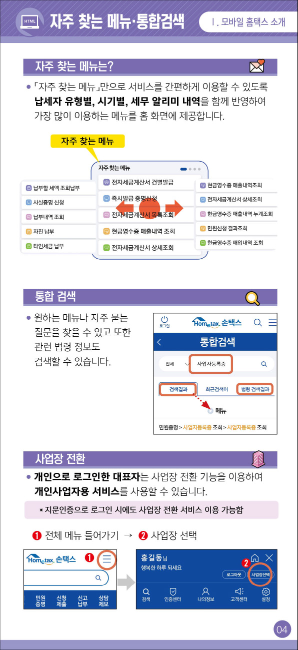 자주찾는 메뉴와 통합검색
				                    - 자주찾는 메뉴는? : 자주찾는 메뉴만으로 서비스를 간편하게 이용할 수 있도록 납세자 유형별, 시기별, 세무 알리미 내역을 함께 반영하여
				                    가장 많이 이용하는 메뉴를 홈 화면에 제공합니다.
				                    - 통합검색 : 원하는 메뉴나 자주 묻는 질문을 찾을 수 있고 또한 관련 법령 정보도 검색할 수 있습니다.
				                    - 사업장 전환 : 개인으로 로그인한 대표자는 사업장 전환 기능을 이용하여 개인사업자용 서비스를 사용할 수 있습니다. * 지문인증으로 로그인 시에도 사업장 전환 서비스 이용 가능함